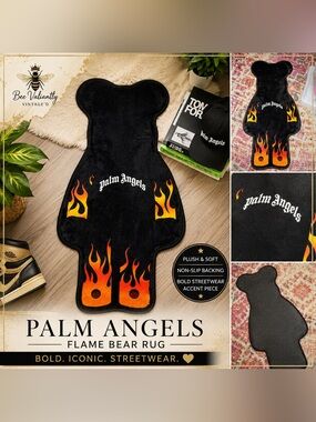 Palm Angels Flame Bear Rug Plush Non Slip Streetwear Floor Mat Black